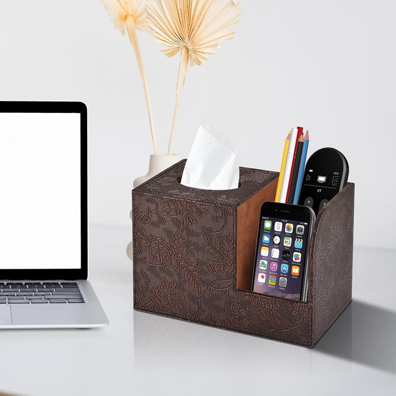 XNONE PU Leather Tissue Box Cover Square Tissue Holder Tissues Box Organizer with 2 Compartment,Remote Control Holder,Multifunctional Decorative Tissue Box Covers Cube,Home Office Desktop Storage Box,Retro - Image 3